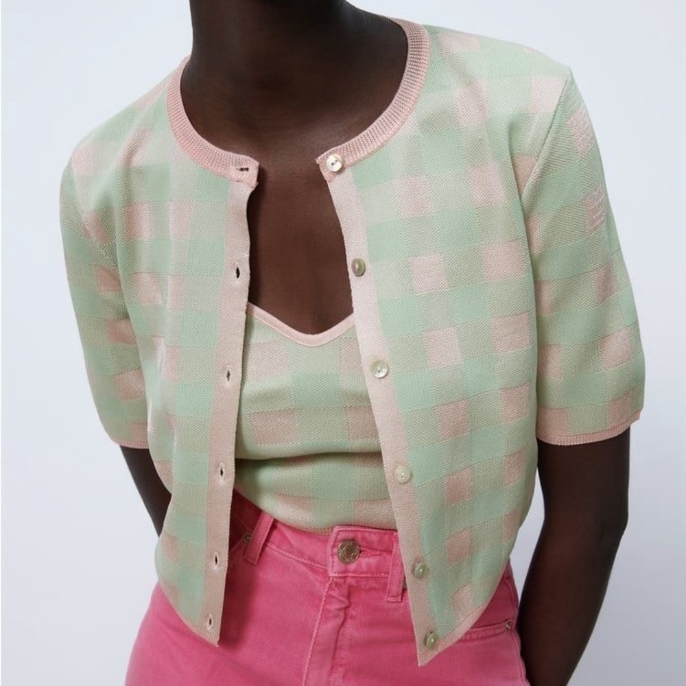 NWOT Light Green and Pink Checkered Women's Short Sleeve Cardigan Jacket Size M